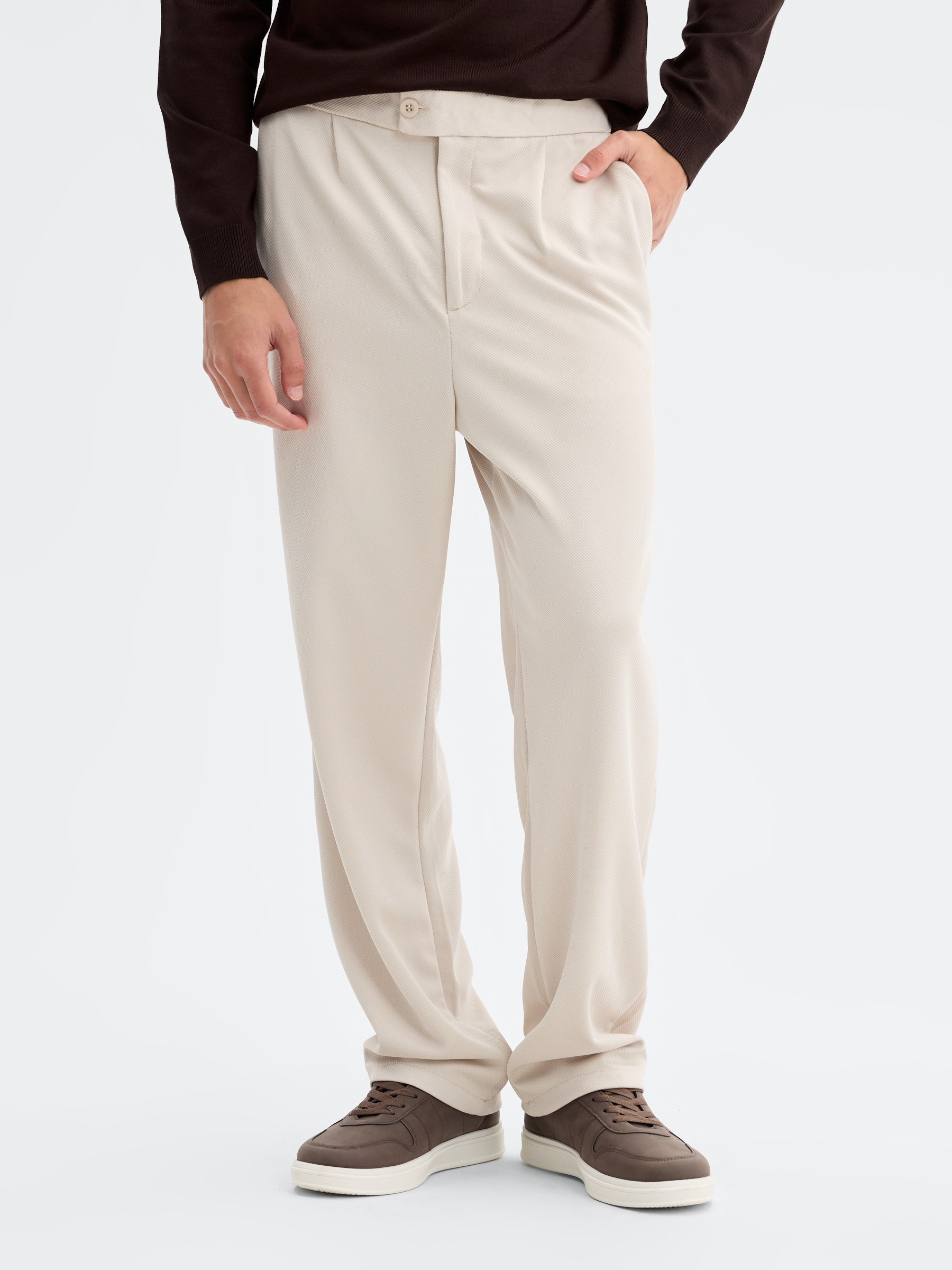 High-waisted polyester chino pants raw front view