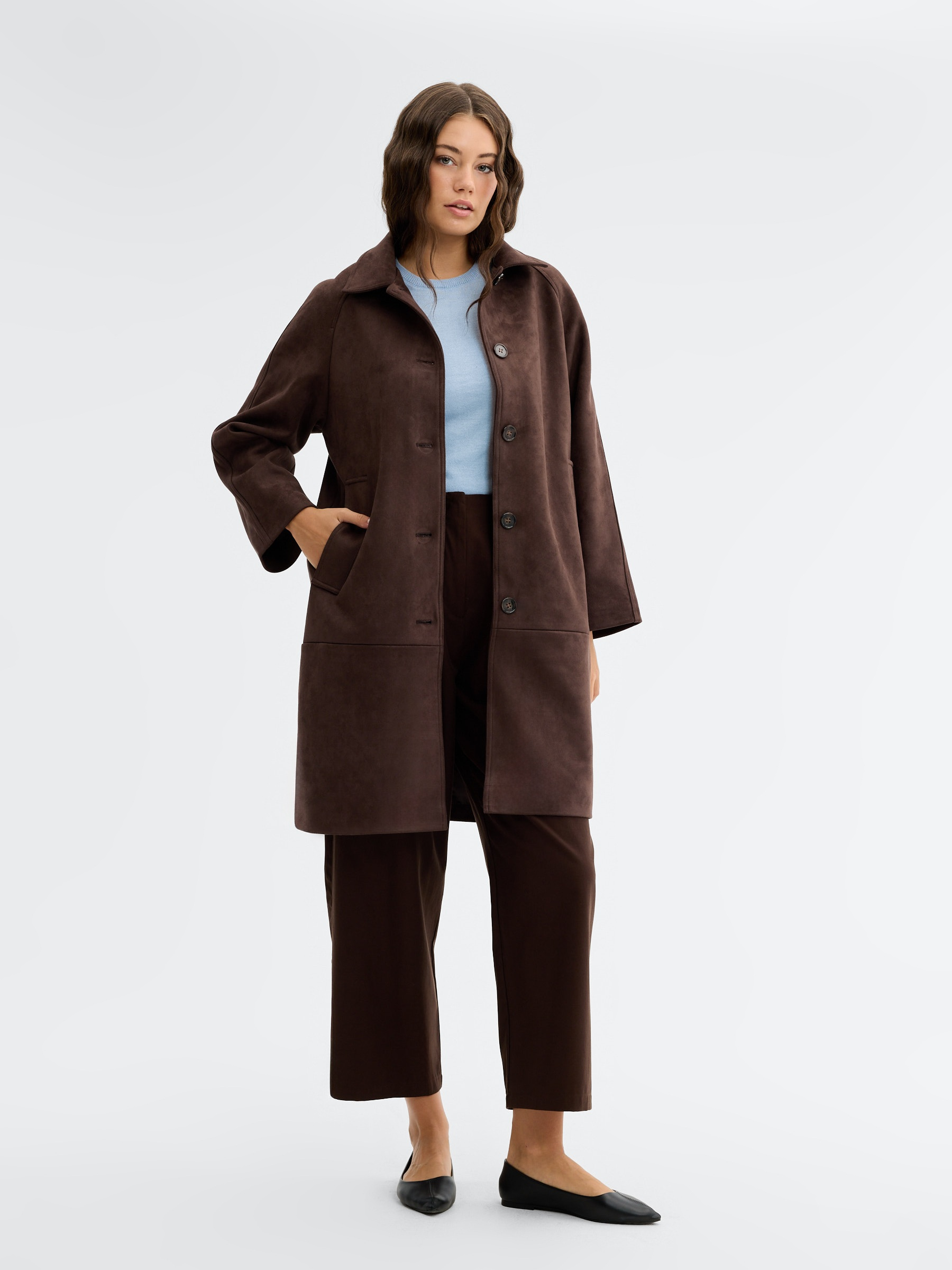 Suede effect coat chocolate middle front view