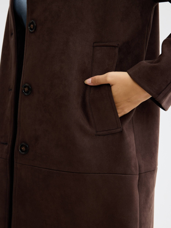Suede effect coat chocolate detail view