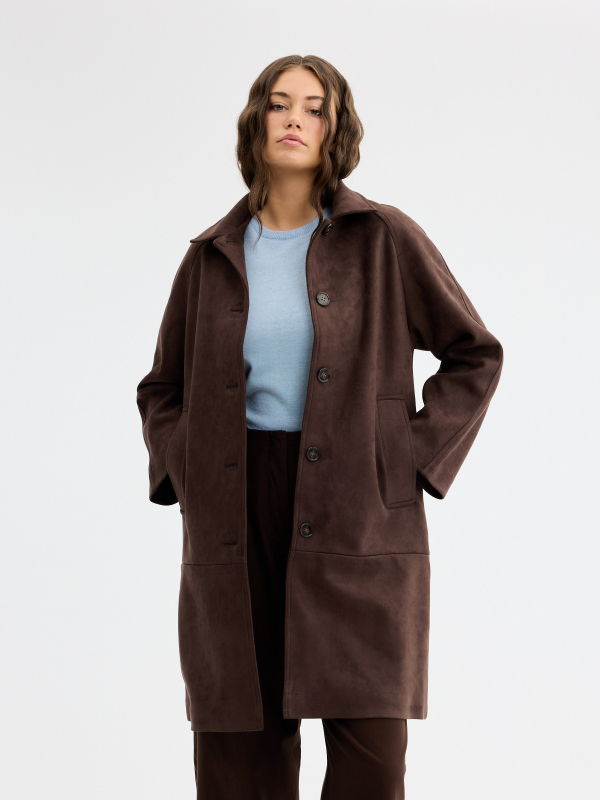 Suede effect coat chocolate detail view