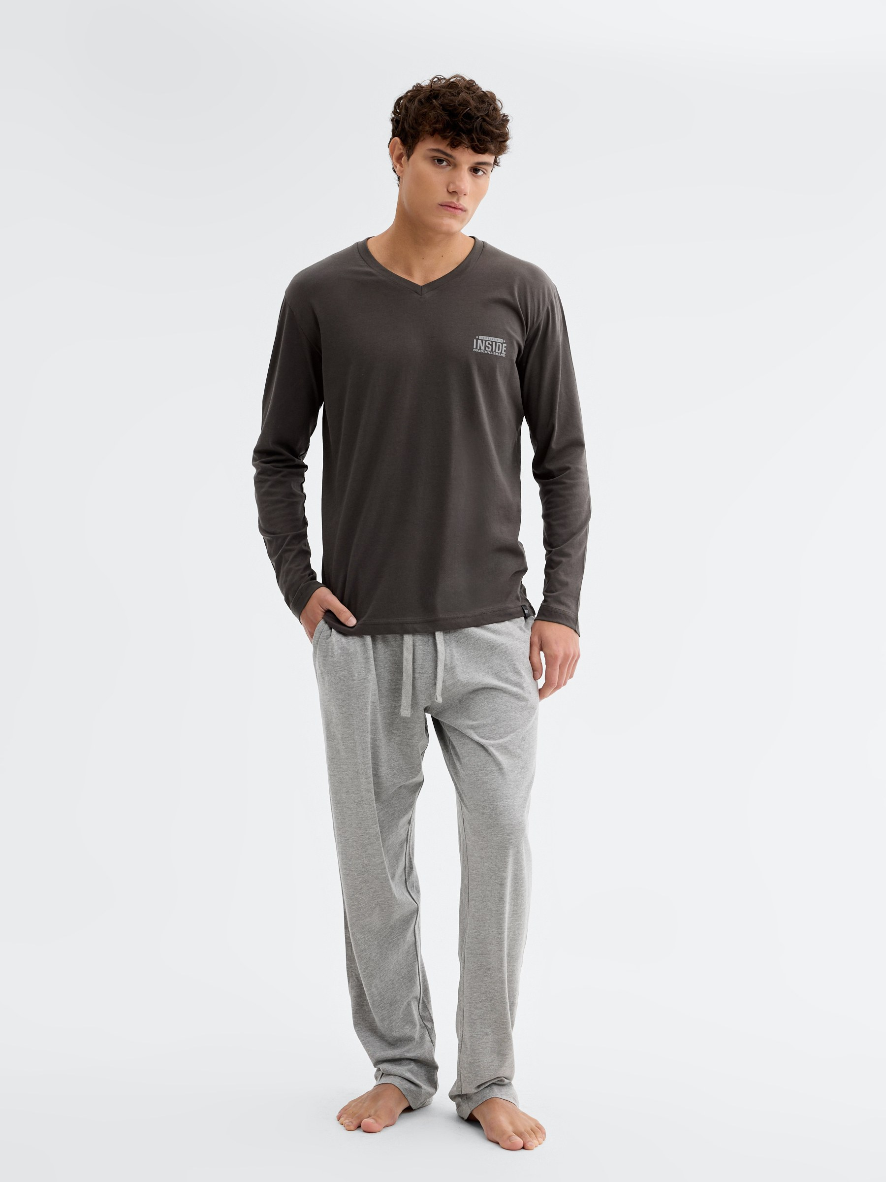 Long sleeve cotton pajamas dark melange front view