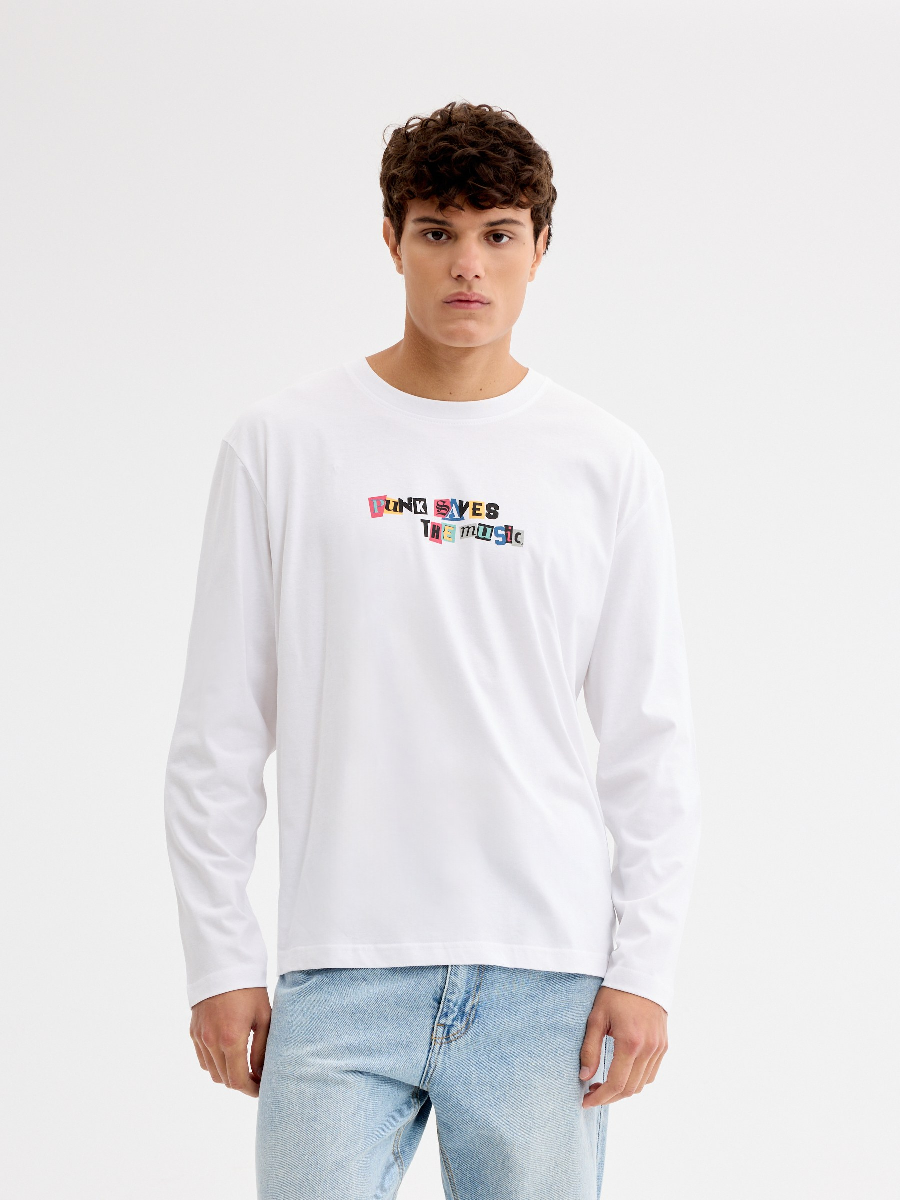 Long sleeve t-shirt music white middle front view