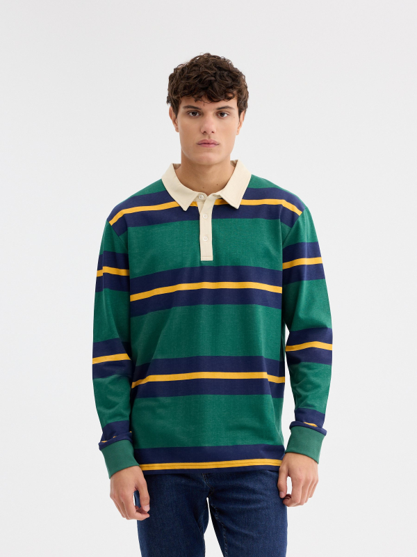 Long sleeve striped polo dark green middle front view
