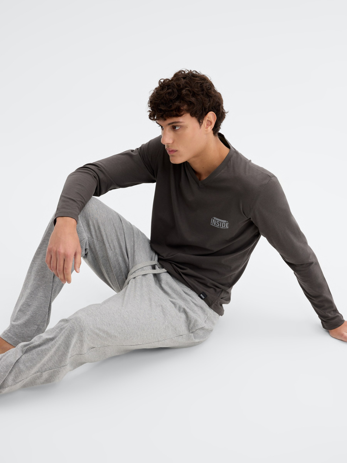Long sleeve cotton pajamas dark melange detail view