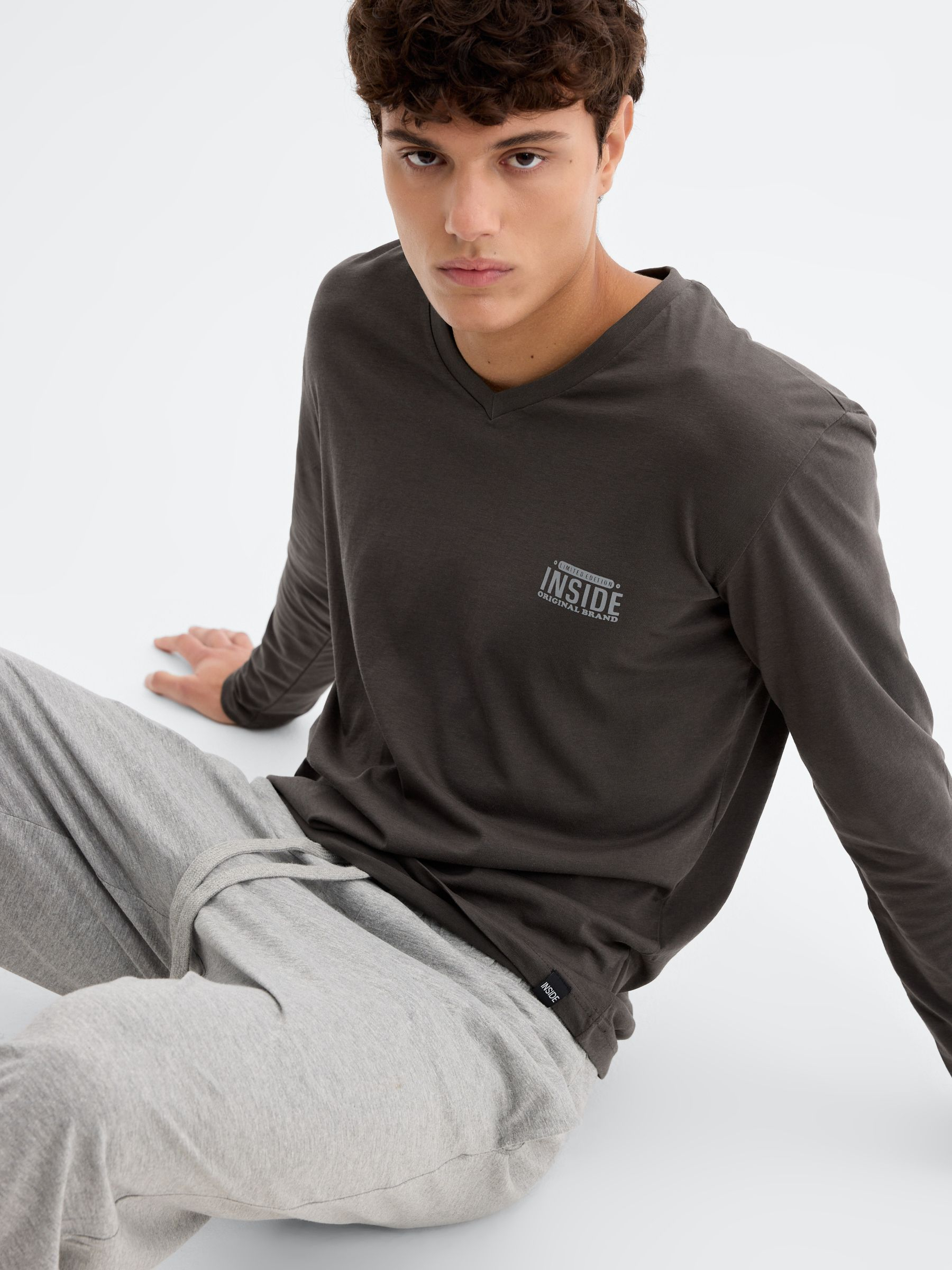 Long sleeve cotton pajamas dark melange front view
