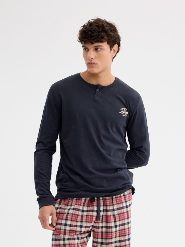 Long sleeve checkered pajamas blue middle back view