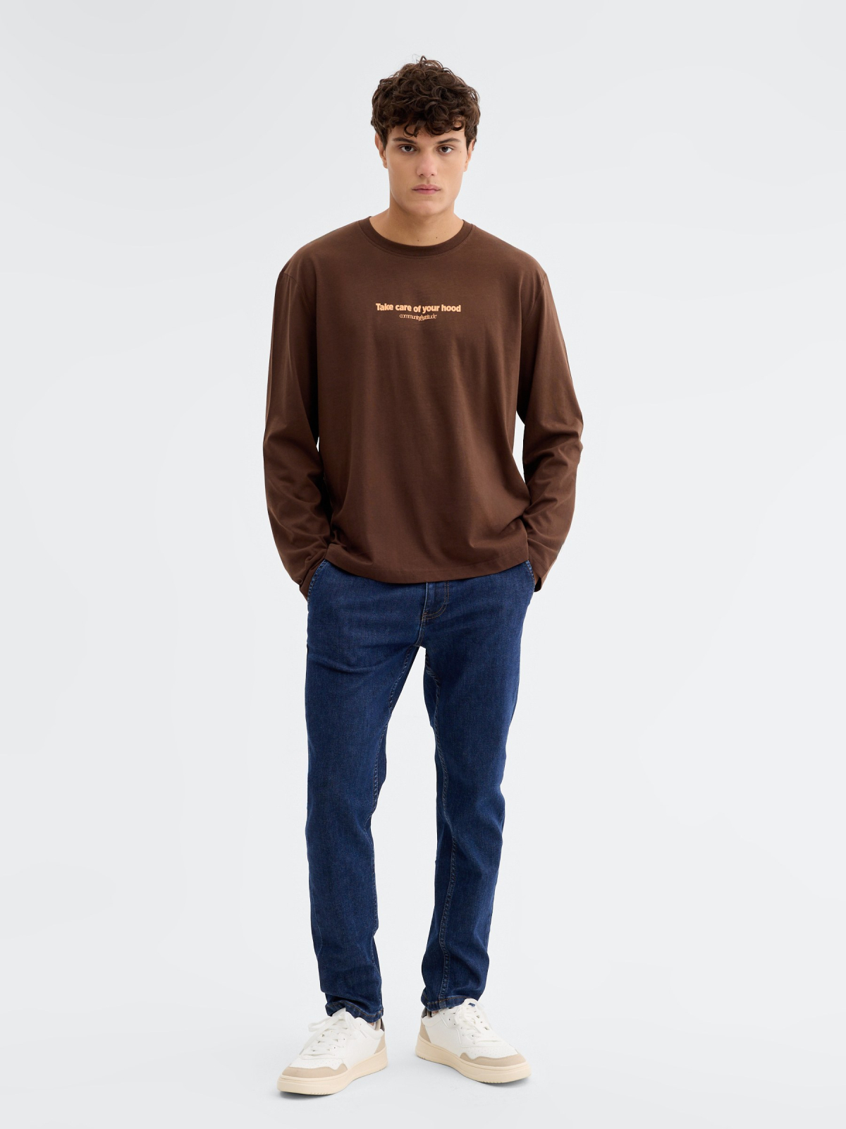 Long sleeve hooded t-shirt brown front view