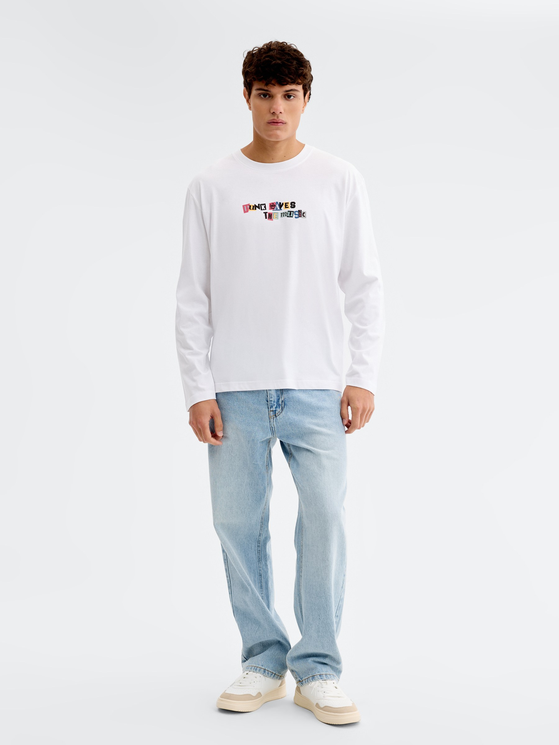 T-shirt manga comprida music branco vista meia frontal
