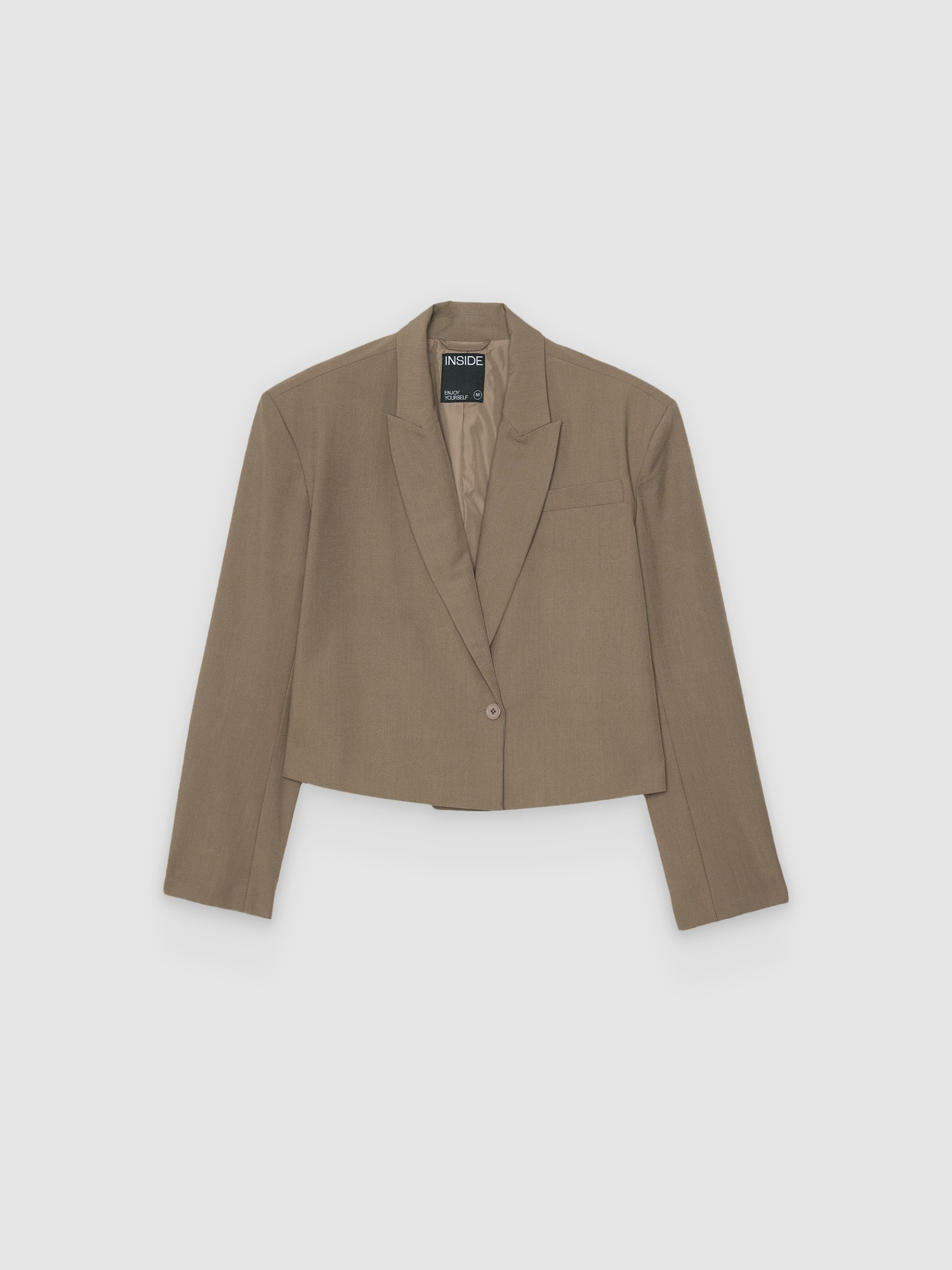 Blazer cropped liso com botões taupe vista meia frontal